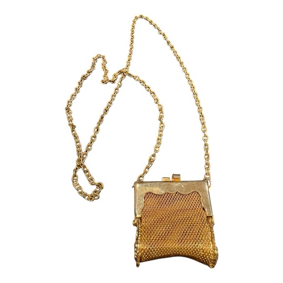 Vintage Gold Tone Mesh Mini Purse Necklace Coin Dance Bag J24 - Picture 2 of 5